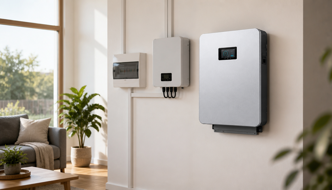 Home battery installation location: wall-mounted LiFePO4 unit fitted in a residential utility room